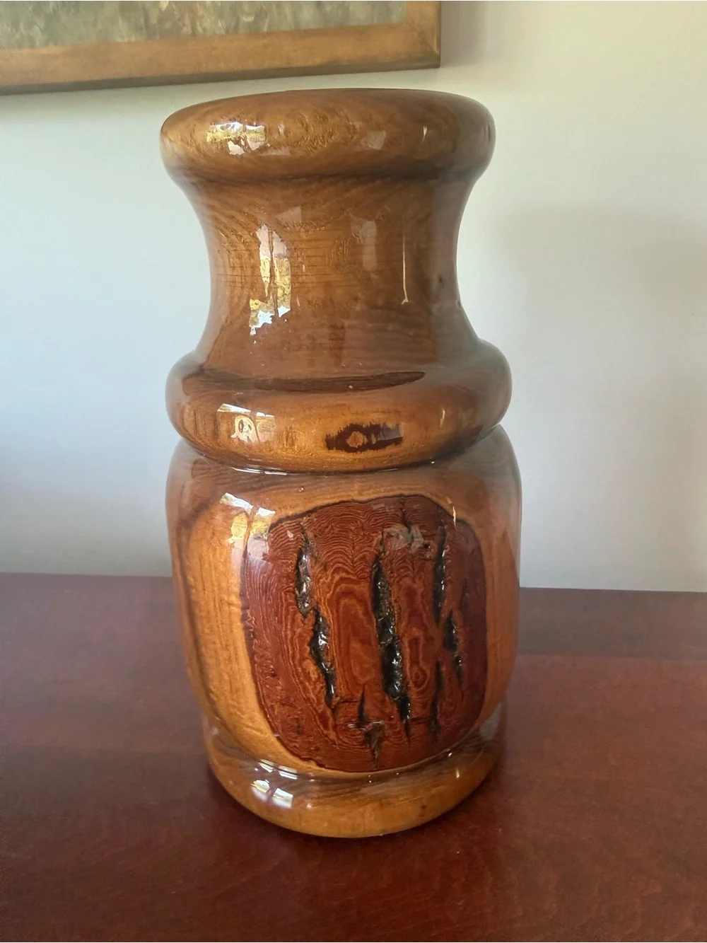 Vintage hand turned knotty wood vase with resin